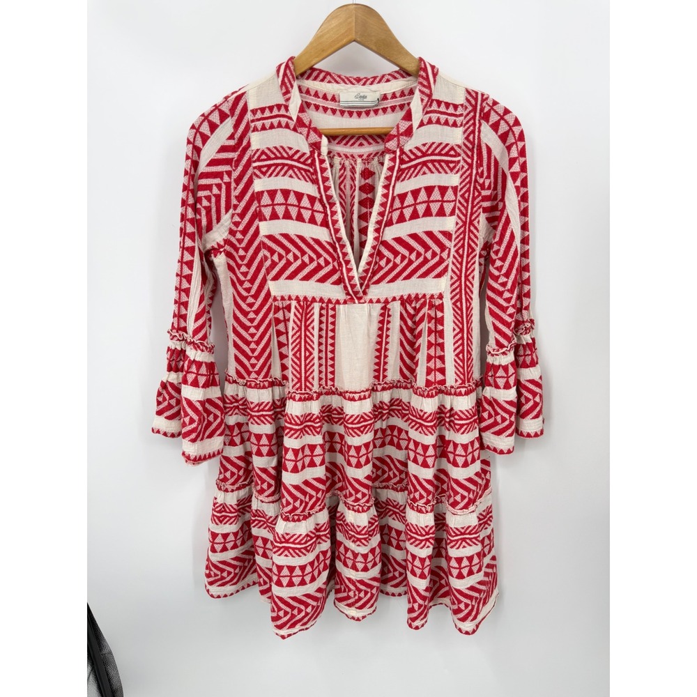 Devotion Twins Ella Dress Women XS Red White Geometric Jacquard Mini Tiered Boho
